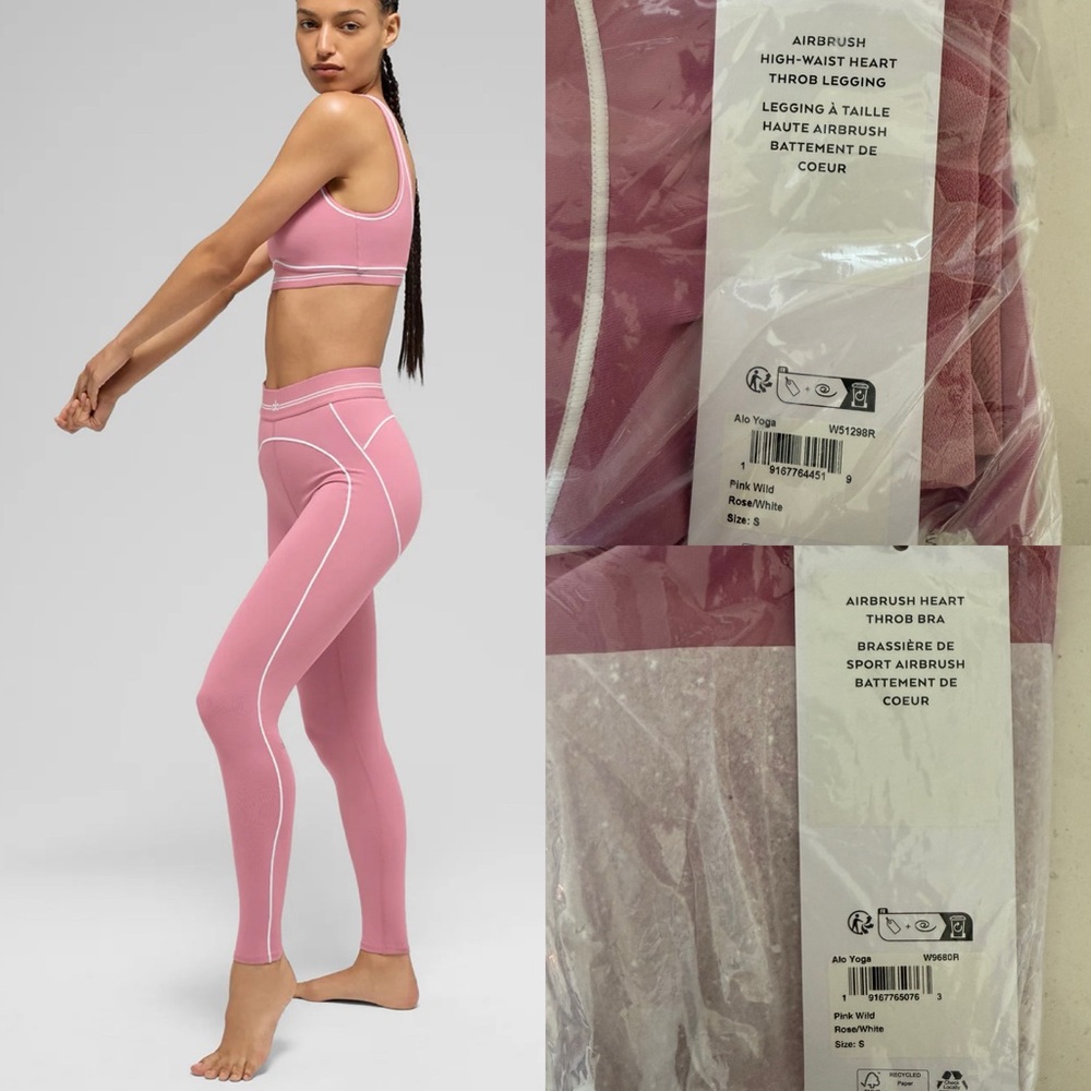 ALO YOGA NWT Airbrush Heart Throb Bra & Leggings SET Pink Rose/White S Small